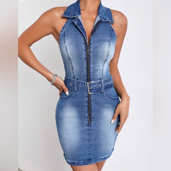 Backless Denim Dress - Picture 1 of 5